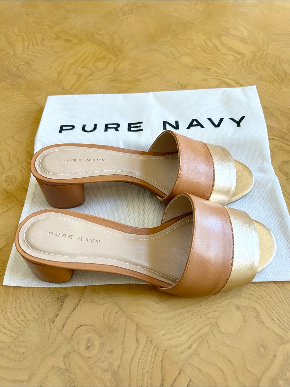 Pure Navy Block-Heel Slide Gold Tan Sandals Size 5.5 M Made in Brazil